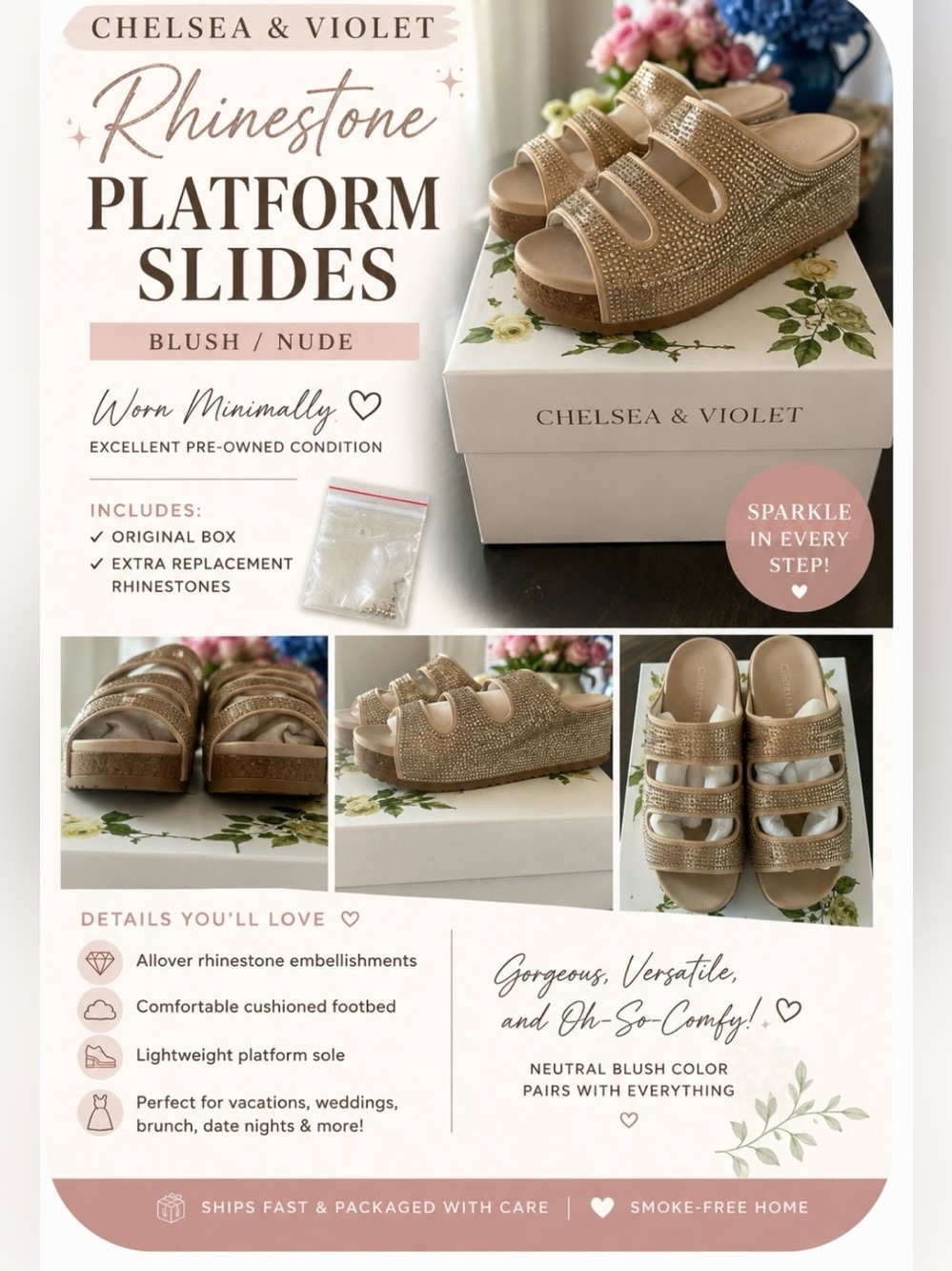 Chelsea & Violet Rhinestone Platform Slides – Blush/Nude – Original Box
